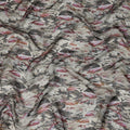Ivory Abstract Brushstroke Printed Synthetic Organza Fabric with Maroon, Beige, and Charcoal Swirls, Width 110 Cms, Made in India-D23332