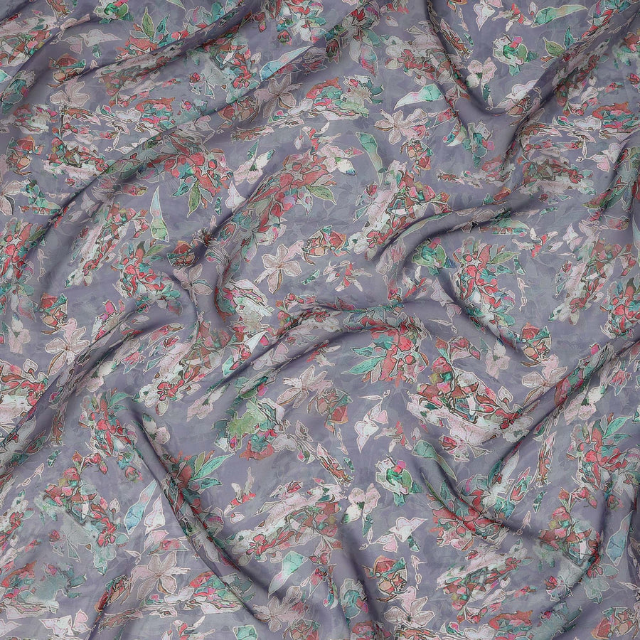 Dusty Lavender Floral Printed Synthetic Organza Fabric with Mint and Coral Leafy Motifs, Width 110 Cms, Made in India-D23333