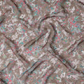 Mocha Brown Floral Printed Synthetic Organza Fabric with Mint, Coral, and Ivory Leafy Motifs, Width 110 Cms, Made in India-D23334