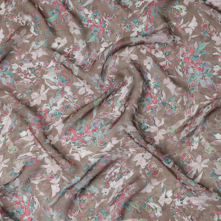 Mocha Brown Floral Printed Synthetic Organza Fabric with Mint, Coral, and Ivory Leafy Motifs, Width 110 Cms, Made in India-D23334