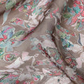 Mocha Brown Floral Printed Synthetic Organza Fabric with Mint, Coral, and Ivory Leafy Motifs, Width 110 Cms, Made in India-D23334