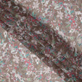 Mocha Brown Floral Printed Synthetic Organza Fabric with Mint, Coral, and Ivory Leafy Motifs, Width 110 Cms, Made in India-D23334
