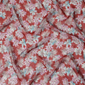 Brick Red Multicolor Floral Printed Synthetic Organza Fabric with Pink, Blue, and Ivory Bloom Motifs, Width 110 Cms, Made in India-D23335