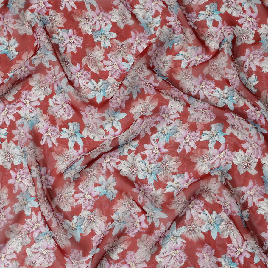 Brick Red Multicolor Floral Printed Synthetic Organza Fabric with Pink, Blue, and Ivory Bloom Motifs, Width 110 Cms, Made in India-D23335