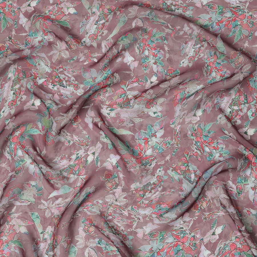 قماش أورجانزا صناعي مطبوع عليه زهور وردية أرجوانية مع لمسات من أوراق النعناع والمرجان، عرض 110 سم، صنع في الهند - D23336