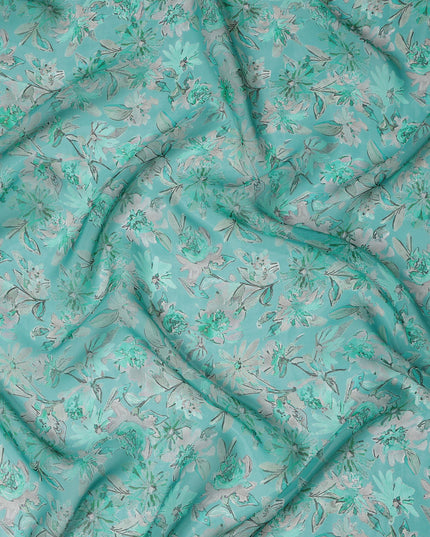 Aqua Green Watercolor Floral Printed Synthetic Organza Fabric with White and Mint Bloom Accents, Width 110 Cms, Made in India-D23337