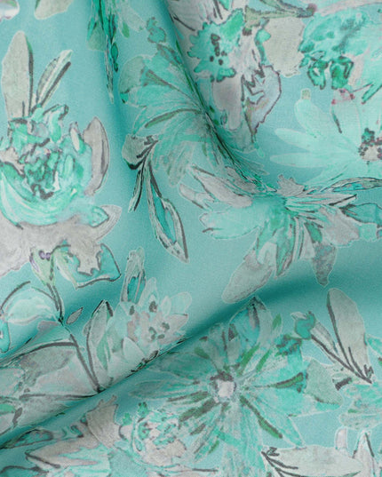 Aqua Green Watercolor Floral Printed Synthetic Organza Fabric with White and Mint Bloom Accents, Width 110 Cms, Made in India-D23337