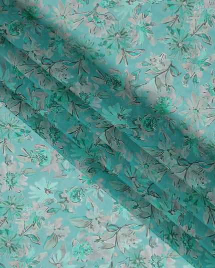 Aqua Green Watercolor Floral Printed Synthetic Organza Fabric with White and Mint Bloom Accents, Width 110 Cms, Made in India-D23337