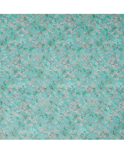 Aqua Green Watercolor Floral Printed Synthetic Organza Fabric with White and Mint Bloom Accents, Width 110 Cms, Made in India-D23337