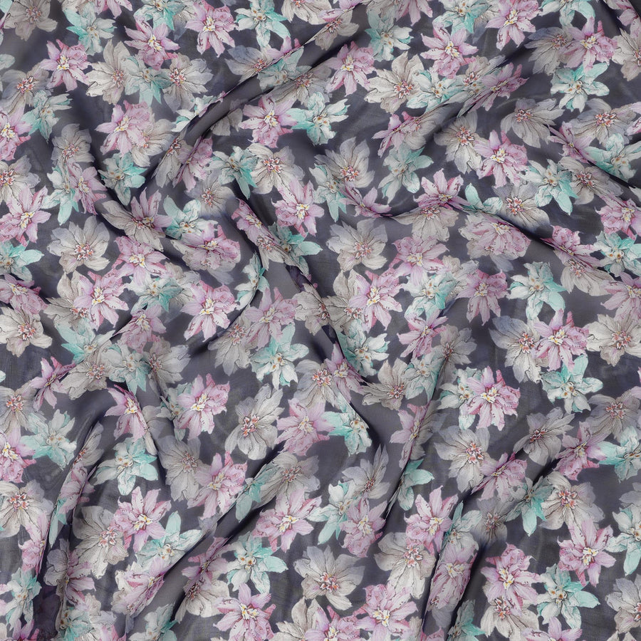 Charcoal Grey Multicolor Floral Printed Synthetic Organza Fabric with Pink, Aqua and Ivory Blooms, Width 110 Cms, Made in India-D23338