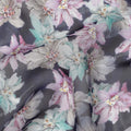 Charcoal Grey Multicolor Floral Printed Synthetic Organza Fabric with Pink, Aqua and Ivory Blooms, Width 110 Cms, Made in India-D23338