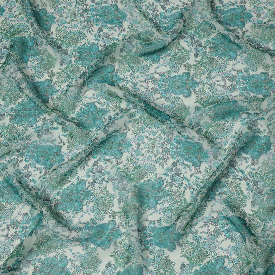 Seafoam Green Paisley and Floral Printed Synthetic Organza Fabric with Teal, Lavender and Mint Accents, Width 110 Cms, Made in India-D23340