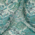 Seafoam Green Paisley and Floral Printed Synthetic Organza Fabric with Teal, Lavender and Mint Accents, Width 110 Cms, Made in India-D23340