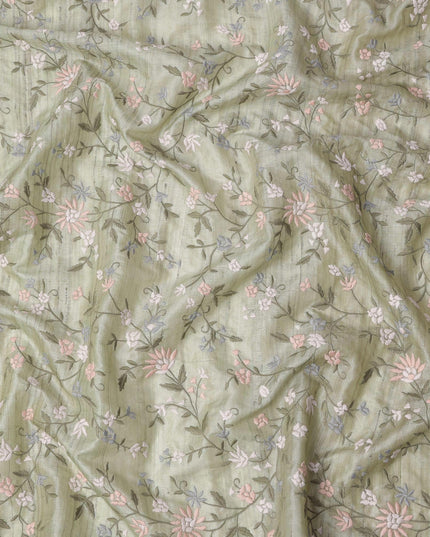 قماش حرير توسار مطرز بنقشة زهور الباستيل باللون الأخضر المريمية، عرض 110 سم، صنع في الهند
 -D23370