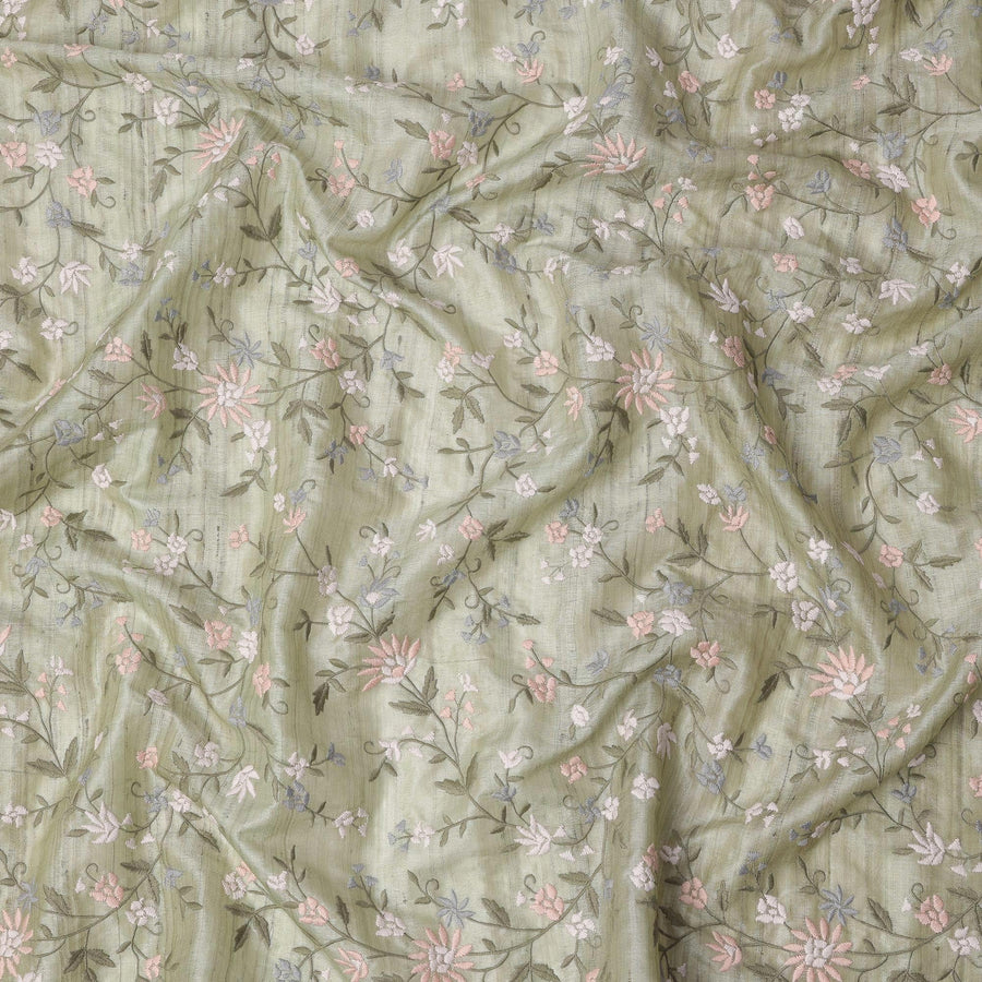 قماش حرير توسار مطرز بنقشة زهور الباستيل باللون الأخضر المريمية، عرض 110 سم، صنع في الهند
 -D23370