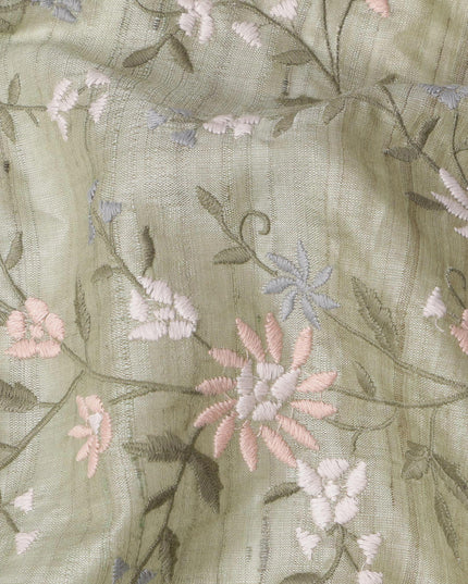 قماش حرير توسار مطرز بنقشة زهور الباستيل باللون الأخضر المريمية، عرض 110 سم، صنع في الهند
 -D23370