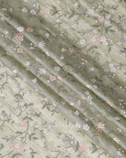 قماش حرير توسار مطرز بنقشة زهور الباستيل باللون الأخضر المريمية، عرض 110 سم، صنع في الهند
 -D23370