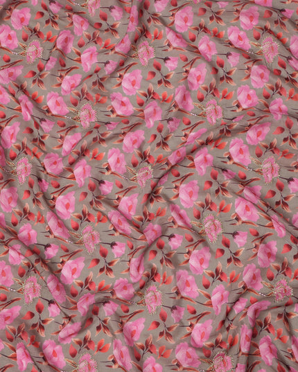 Beige Base Pink Rose Digital Printed Cotton Lawn Fabric, 110 Cms Width, Made in India-D23371