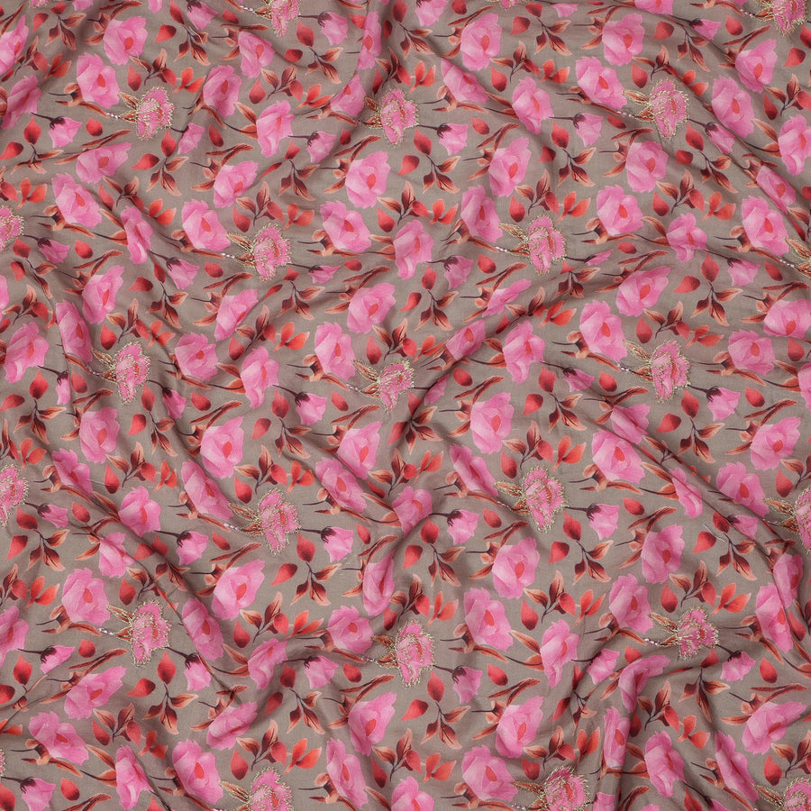 Beige Base Pink Rose Digital Printed Cotton Lawn Fabric, 110 Cms Width, Made in India-D23371