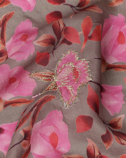 Beige Base Pink Rose Digital Printed Cotton Lawn Fabric, 110 Cms Width, Made in India-D23371