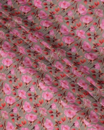Beige Base Pink Rose Digital Printed Cotton Lawn Fabric, 110 Cms Width, Made in India-D23371