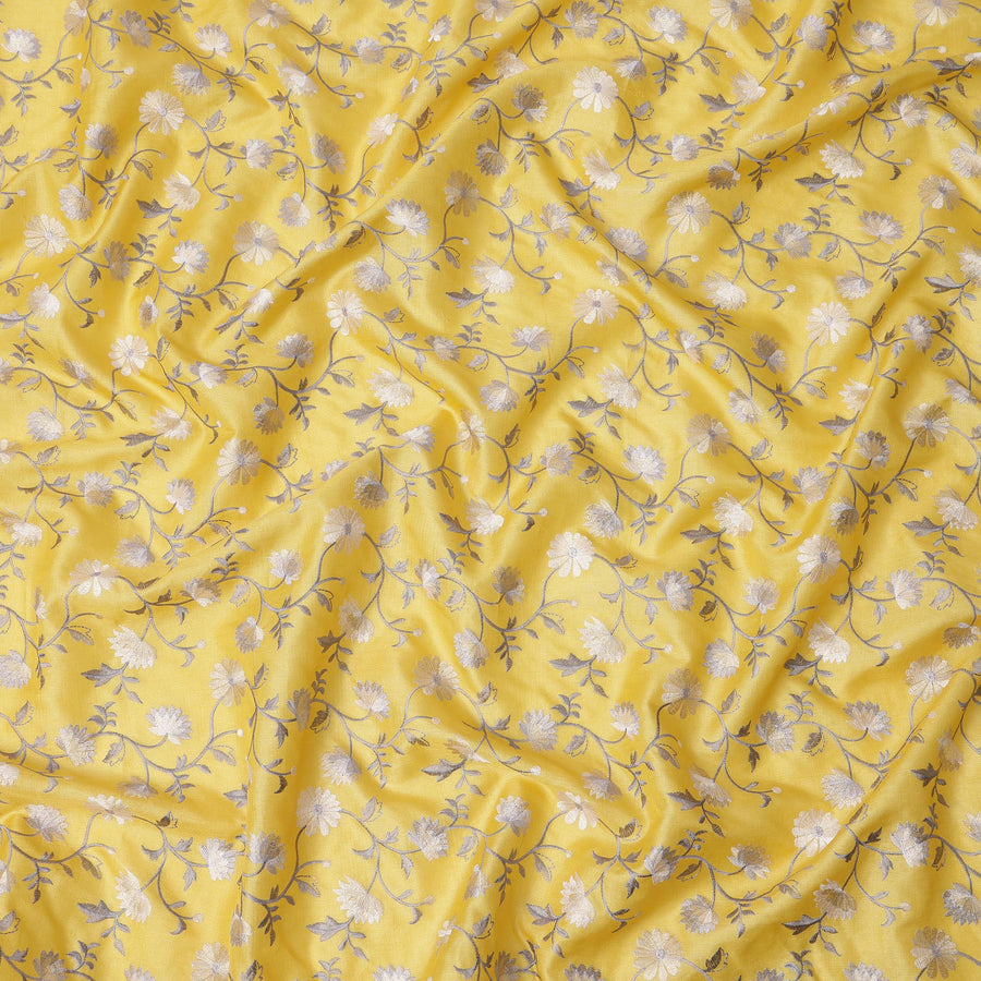 قماش حرير توسار مطرز بنقشة زهور صفراء مشمسة، عرض 110 سم، صنع في الهند - D23373