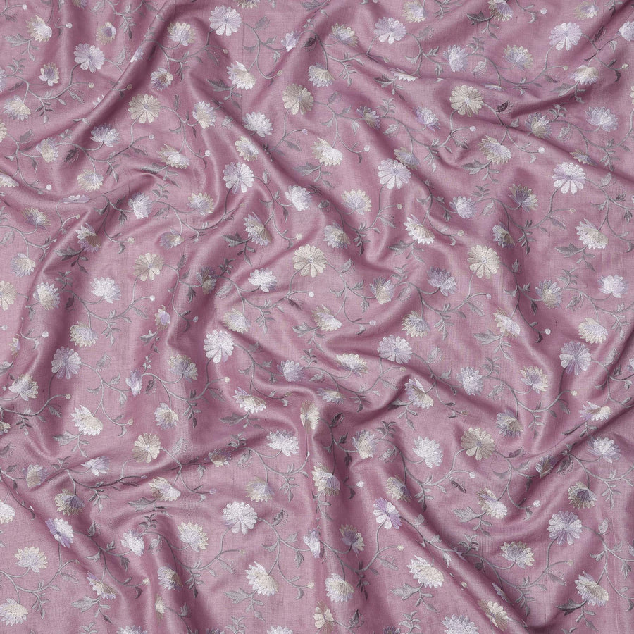 قماش حرير توسار مطرز بنقشة زهور وردية باهتة، عرض 110 سم، منشأ الهند - D23374