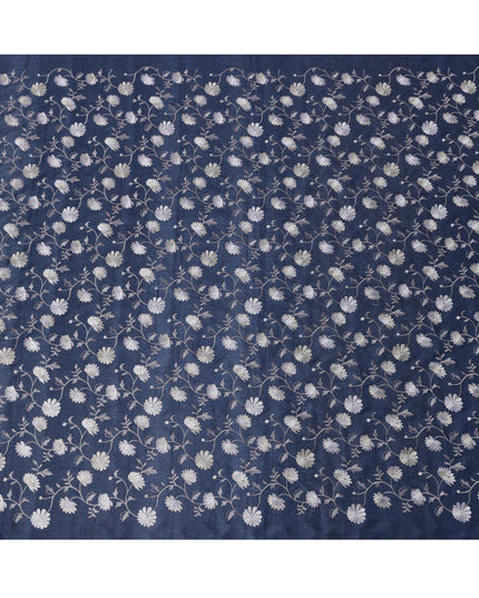 قماش حرير توسار مطرز بنقشة زهور باللون الأزرق الداكن، عرض 110 سم، منشأ الهند - D23375