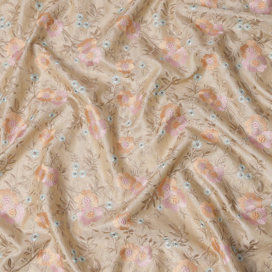 قماش حرير توسار مطرز بنقشة زهور الباستيل البيج، عرض 110 سم، منشأ الهند - D23377