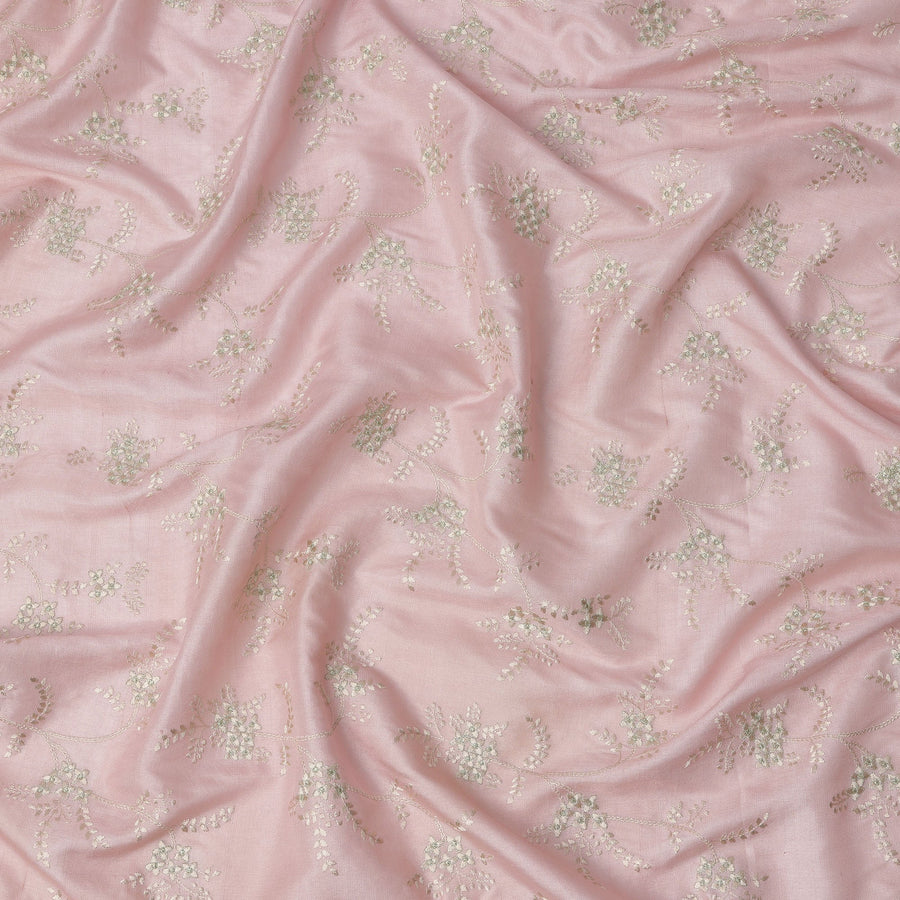 Blush Pink Floral Embroidered Tussar Silk Fabric with Subtle Silver Thread Work, 110 Cms, India-D23379