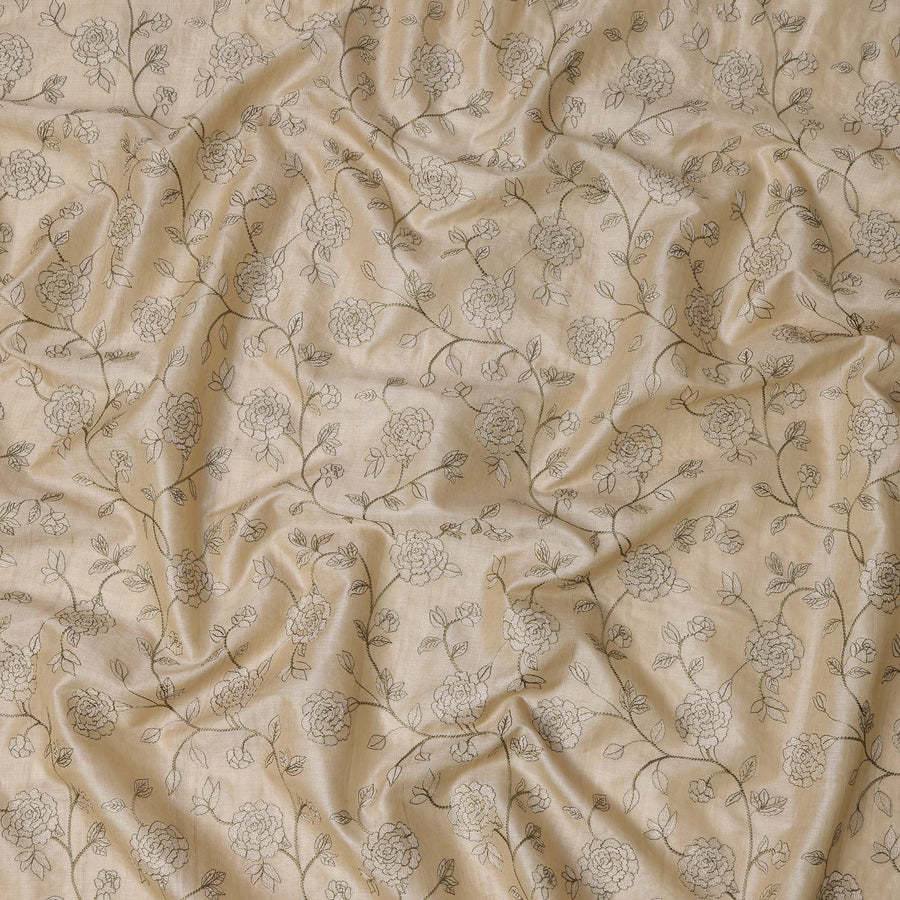 Beige Rose Vine Embroidered Tussar Silk Fabric with Black Thread Detailing, 110 Cms, India-D23380