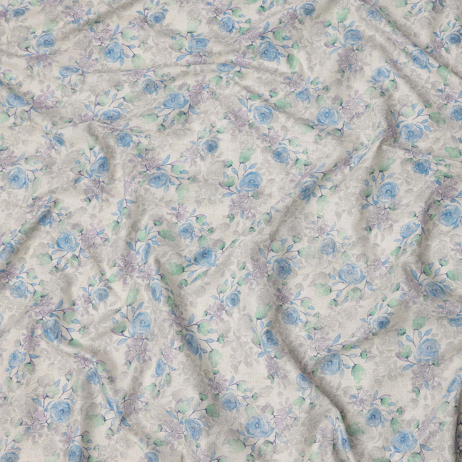 Off White Digital Floral Printed Silk Crepe Fabric with Blue and Lavender Rose Motifs, 110 Cms, India-D23388