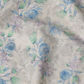 Off White Digital Floral Printed Silk Crepe Fabric with Blue and Lavender Rose Motifs, 110 Cms, India-D23388