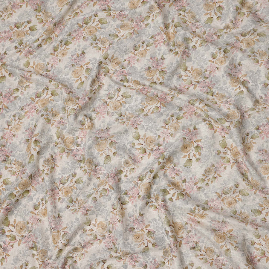 Off White Digital Floral Printed Silk Crepe Fabric with Beige and Pink Rose Motifs, 110 Cms, India-D23389