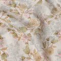 Off White Digital Floral Printed Silk Crepe Fabric with Beige and Pink Rose Motifs, 110 Cms, India-D23389