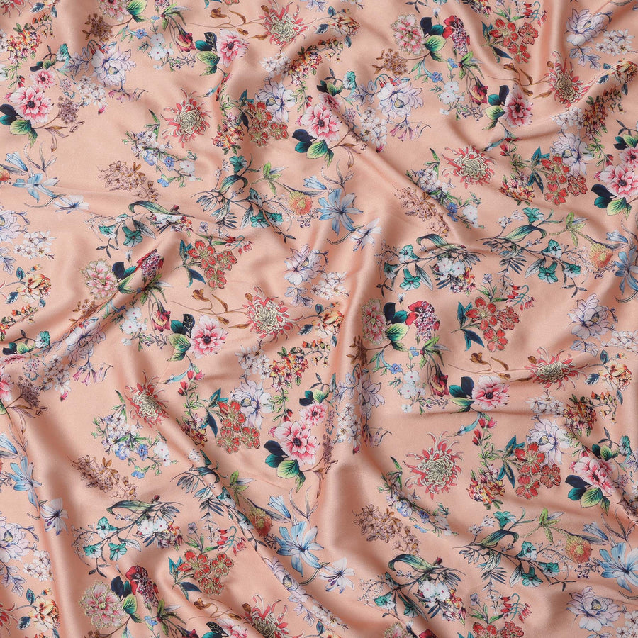 Peach Multicolor Floral Printed Viscose Modal Satin Fabric with Glossy Finish, 110 Cms, India-D23390