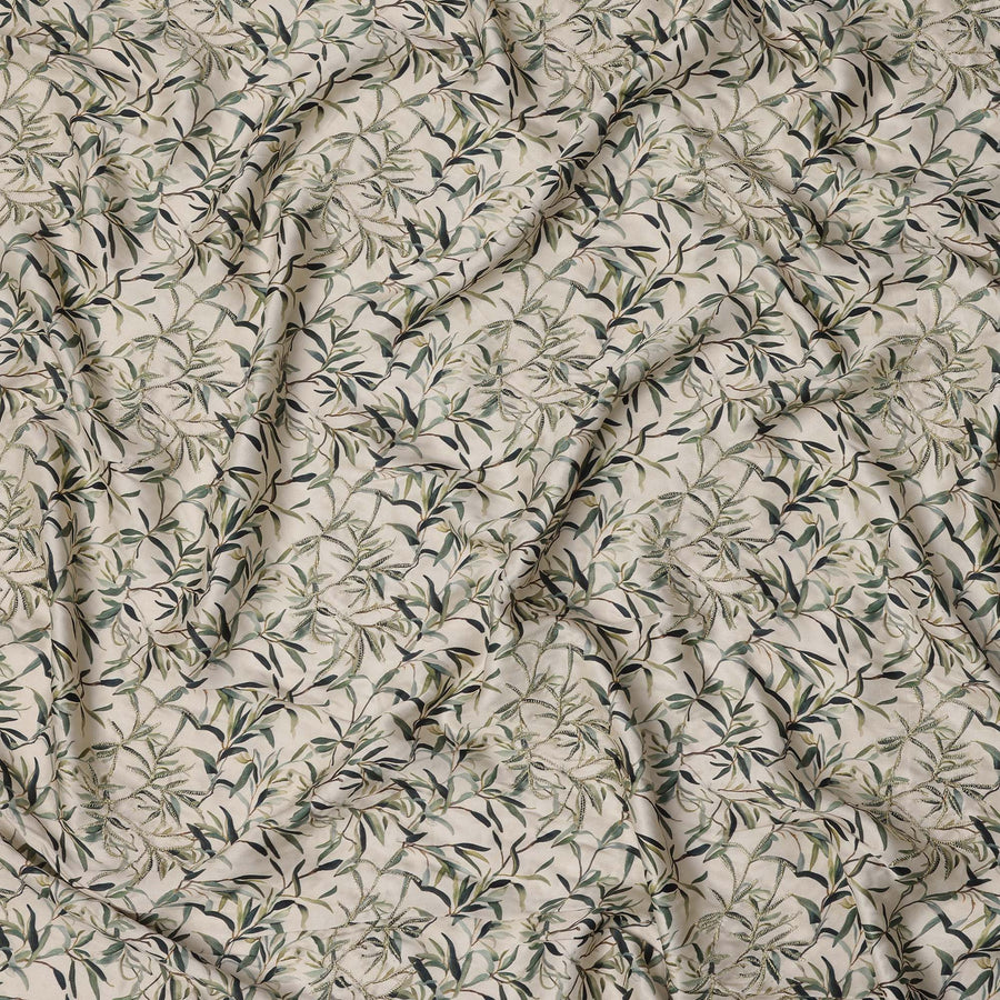 Ivory Leaf Printed Viscose Modal Satin Fabric with Green and Beige Botanical Motifs, 110 Cms, India-D23391