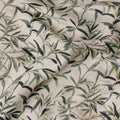 Ivory Leaf Printed Viscose Modal Satin Fabric with Green and Beige Botanical Motifs, 110 Cms, India-D23391