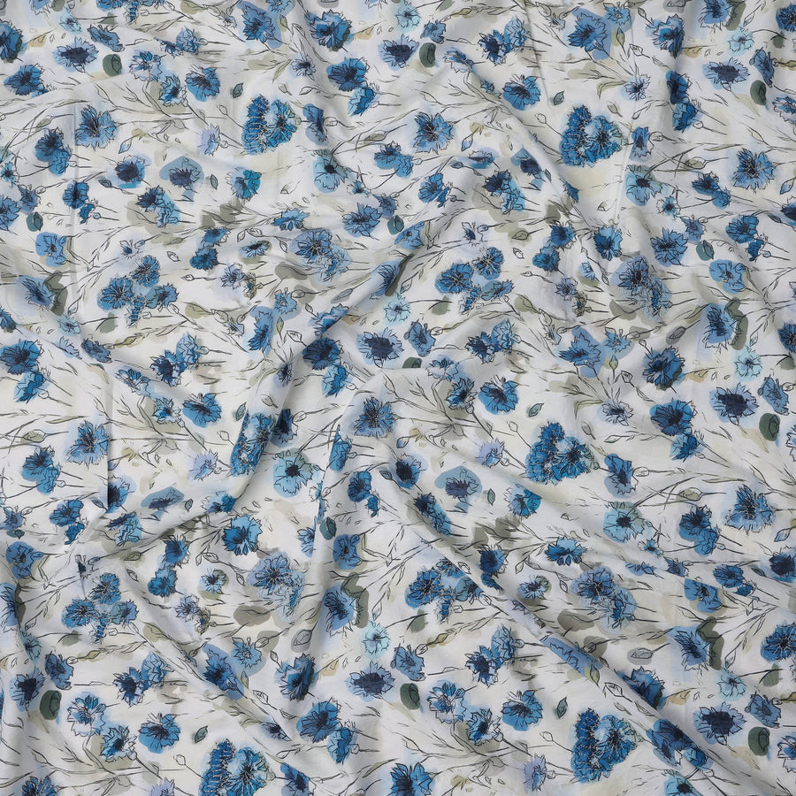 White Blue Floral Printed Cotton Lawn Digital Fabric with Fine Linework Motifs, 110 Cms, India-D23393