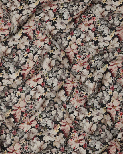Black Floral Printed Viscose Crepe Fabric, All-Over Bloom Pattern, 110 Cms Width, Made in India-D23429