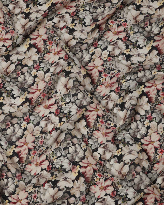 Black Floral Printed Viscose Crepe Fabric, All-Over Bloom Pattern, 110 Cms Width, Made in India-D23429