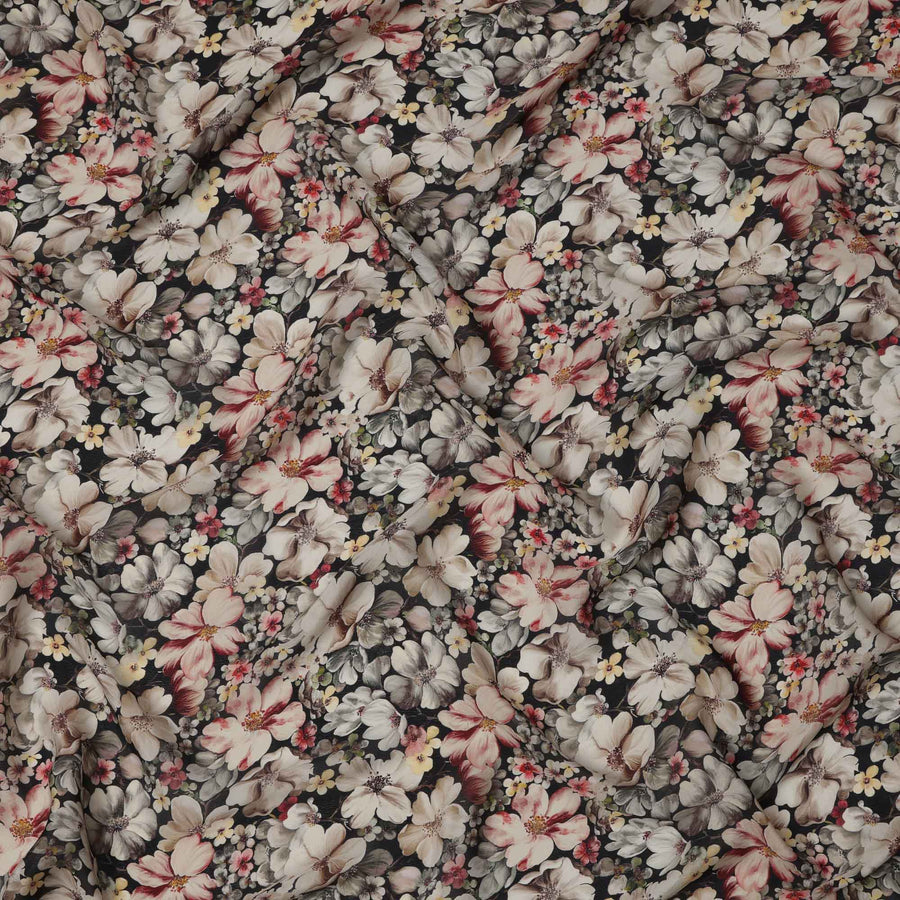 Black Floral Printed Viscose Crepe Fabric, All-Over Bloom Pattern, 110 Cms Width, Made in India-D23429
