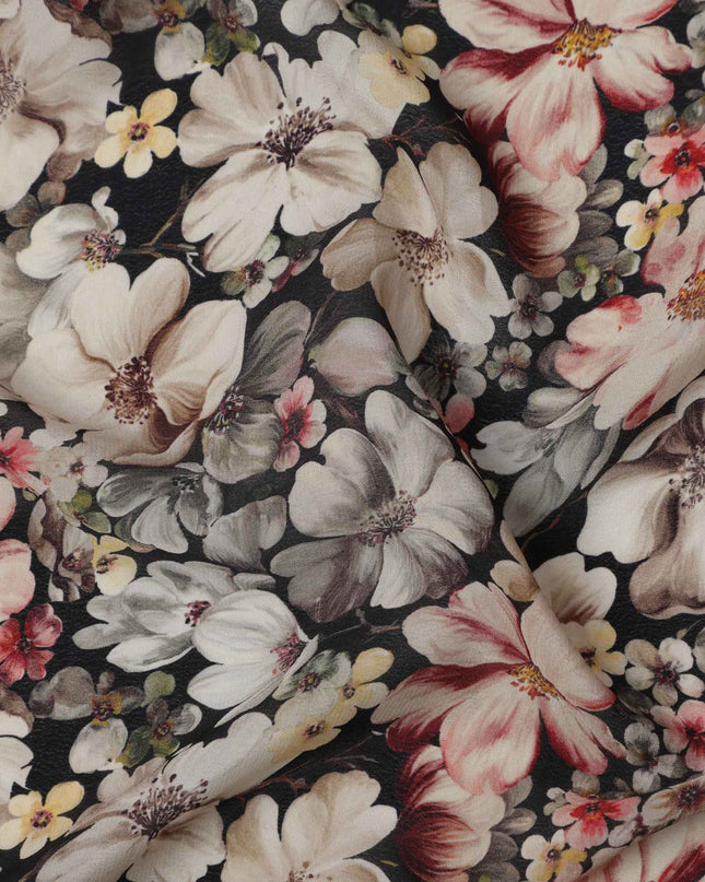 Black Floral Printed Viscose Crepe Fabric, All-Over Bloom Pattern, 110 Cms Width, Made in India-D23429