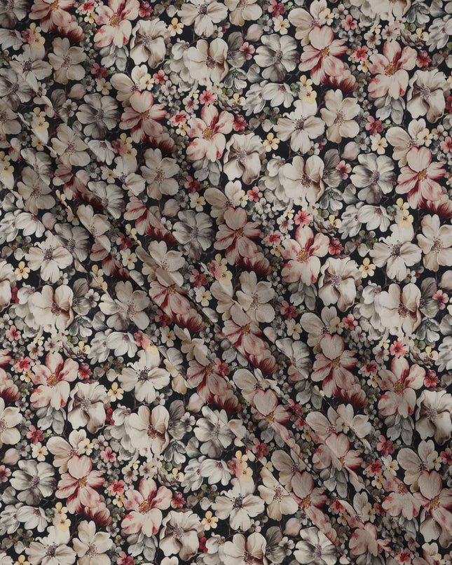 Black Floral Printed Viscose Crepe Fabric, All-Over Bloom Pattern, 110 Cms Width, Made in India-D23429