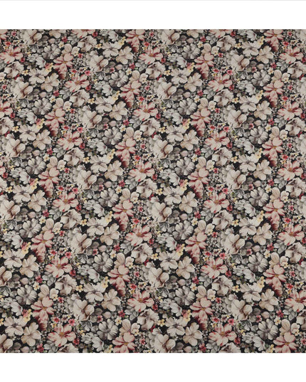 Black Floral Printed Viscose Crepe Fabric, All-Over Bloom Pattern, 110 Cms Width, Made in India-D23429