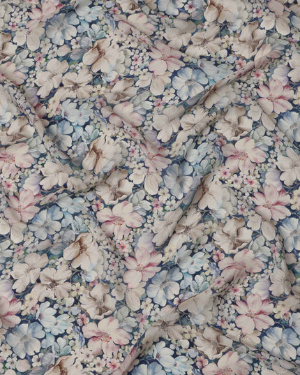 قماش كريب فيسكوز مطبوع عليه زهور باللون الأزرق الباهت، تصميم زهور الباستيل، عرض 110 سم، صنع في الهند - D23430