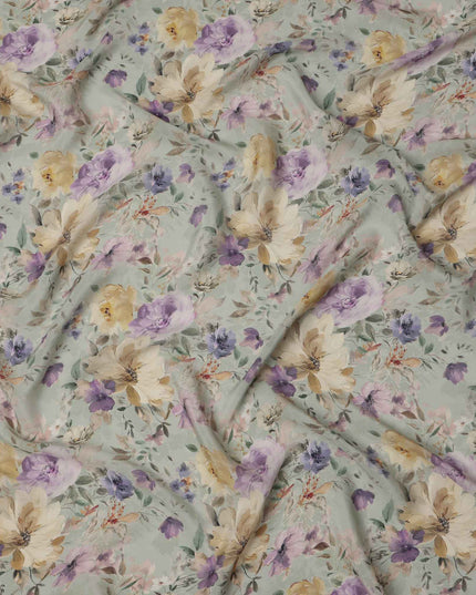 Mint Green Floral Printed Viscose Crepe Fabric, Watercolor Bloom Design in Lilac and Beige, 110 Cms Width, Made in India-D23433