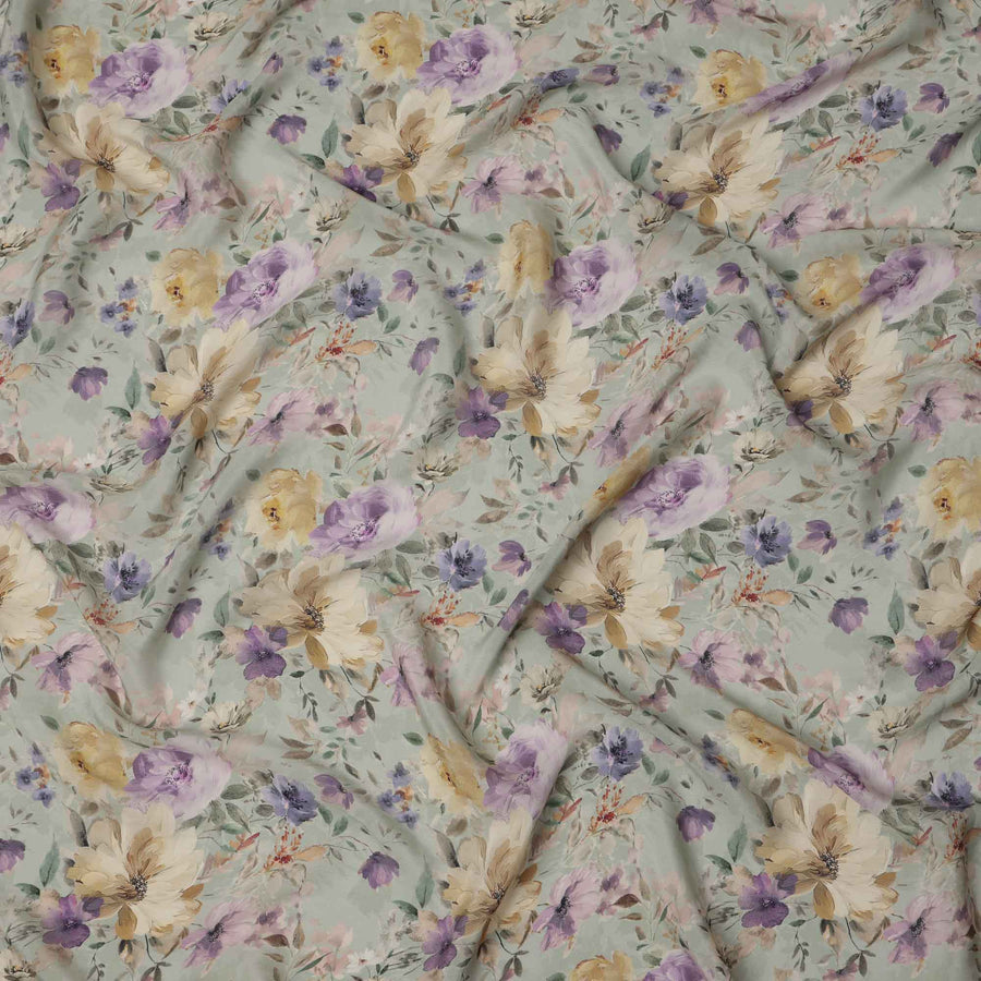 Mint Green Floral Printed Viscose Crepe Fabric, Watercolor Bloom Design in Lilac and Beige, 110 Cms Width, Made in India-D23433
