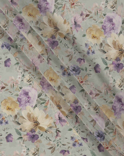 Mint Green Floral Printed Viscose Crepe Fabric, Watercolor Bloom Design in Lilac and Beige, 110 Cms Width, Made in India-D23433