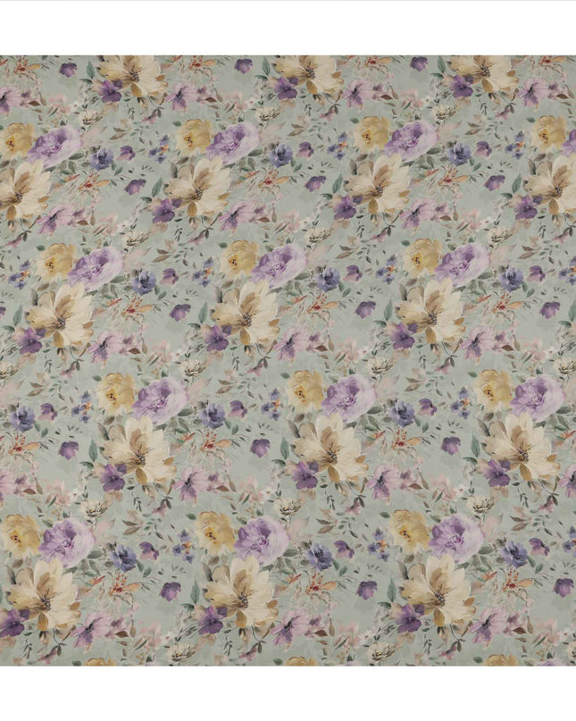 قماش كريب فيسكوز مطبوع عليه زهور باللون الأخضر النعناعي، تصميم زهور مائية باللونين البنفسجي والبيج، عرض 110 سم، صنع في الهند - D23433